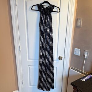 bebe Black and White Halter Maxi Dress with Diagonal Dot Print